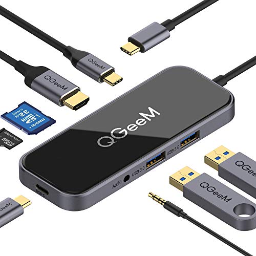 QGeeM Hub USB C in vetro temperato 8 in 1, adattatore USB C a HDMI, da USB C a USB 3.0, con 100 W PD, slot per schede SD e TF, USB C a 3,5 mm, compatibile con MacBook Pro 2019/2018