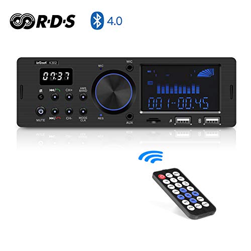 Autoradio Bluetooth RDS ieGeek, Stereo 60WX4 Supporta FM/AM/USB/AUX/MP3/WMA/WAV/FLAC/SD, Doppio Display LCD con Orologio, Capacità per 30 Stazioni Radio, con Telecomando, 1DIN