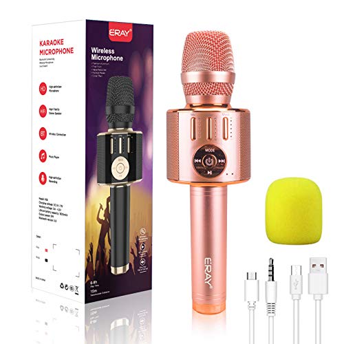 ERAY Karaoke Microfono Wireless, Microfono Karaoke Bluetooth 5 IN 1 Supporta la Scheda TF e la Chiavetta USB/1800mAh/3.5mm AUX/Compatibile con Android/iOS, PC e Smartphone, Microfono per Karaoke Rosa