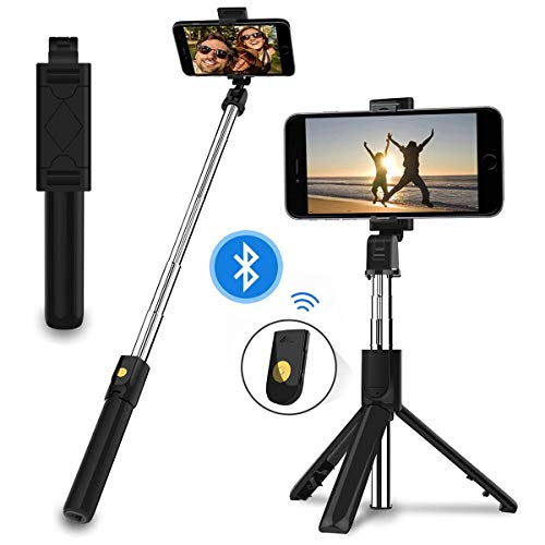 EasyULT Bastone Selfie Treppiede, 3 in 1 Estensibile Portatile Selfie Stick, Rotazione con Telecomando Wireless Rimovibile Bluetooth per iPhone/Huawei e Altri Android e iOS 4.7-6 Pollici-Nero