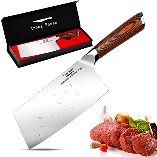 Aroma House Coltello da Macellaio 7 Pollici Verdura e Carne Acciaio Inossidabile Tedesco Coltelli da Cucina con Manico in Legno Pakka Coltello Mannaia per Carne