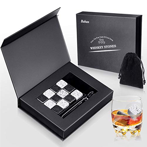 Baban Whisky Stones 12 PCS Set,Cubetti di Ghiaccio per Il Whiskey Riutilizzabili,6 Nere + 6 Grigie Whisky Stones, Confezione Bellissima