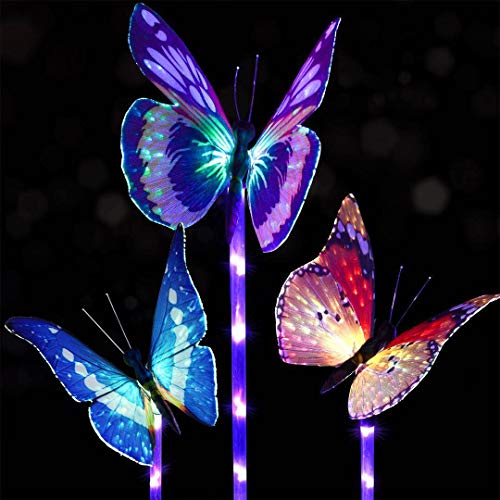 (Confezione da 3) Luci solari da giardino per esterni, Luci solari per picchetti Luci da giardino multicolori che cambiano, Luci decorative a farfalla in fibra ottica, con palo luminoso a LED viola