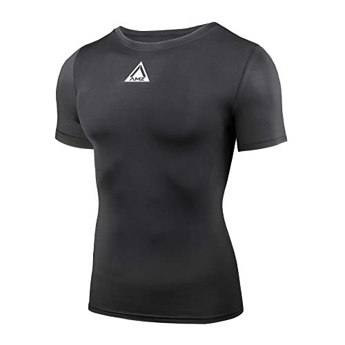 AMZSPORT Maglia Compressione Uomo, T-Shirt Manica Corta di Raffreddamento Maglietta Palestra Fitness, Nero, XL