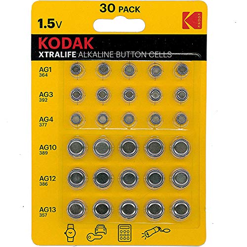 Kodak Xtralife - 30 x Batterie alcaline a bottone AG1 364 AG3 392 AG4 337 AG10 389 AG12 386 AG13 357.