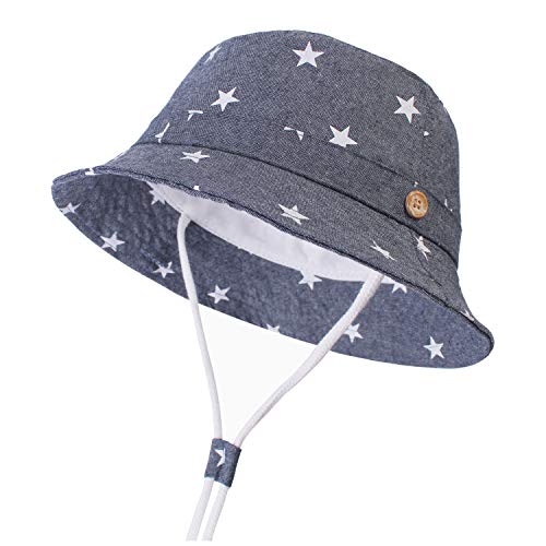 DRESHOW - Cappello parasole per bambini, con protezione solare UPF 50+, unisex, con animali, cappello da pescatore per l’estate con sottogola Star Denim 6 mesi