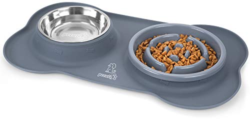 Pecute Ciotole per Cani Gatti in Acciaio Inox con Tappetino Silicone Antiscivolo (M (Ciotola di Alimentazione lenta), Grigio)