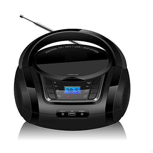 LONPOO Radio Portatili Boombox, Lettore CD MP3 Portatili con USB, AUX in, FM Radio, Bluetooth e Jack per Cuffie