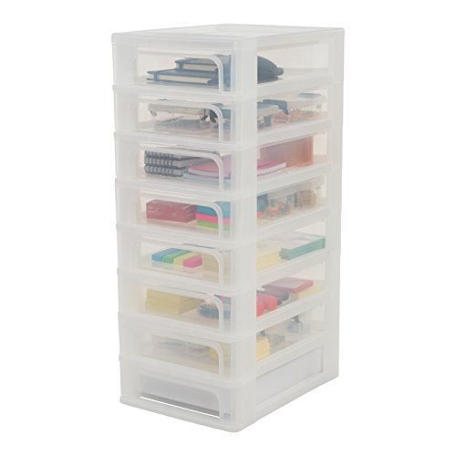 Iris Ohyama, torre di stoccaggio 8 cassetti - Organizer Chest - OCH-2080, plastica, bianco satinato / trasparente, 60 L, 26 x 35.5 x 65.5 cm