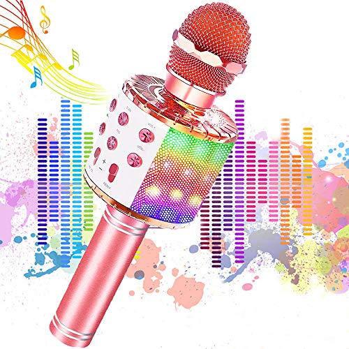 Microfono Karaoke Bluetooth, JoyKing Wireless Bambini Palmare Portatile Karaoke Microfono con Altoparlante per Cantare Compatibile con Android/iOS, PC o Smartphone (Oro Rosa)