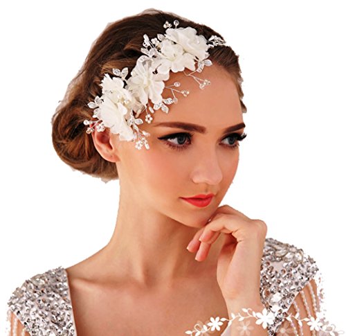 Miya®, cerchietto glamour con delicati fiori in tulle, pizzo, cristalli trasparenti e perline, ideale per le spose e come gioiello da matrimonio cc12 Taglia unica