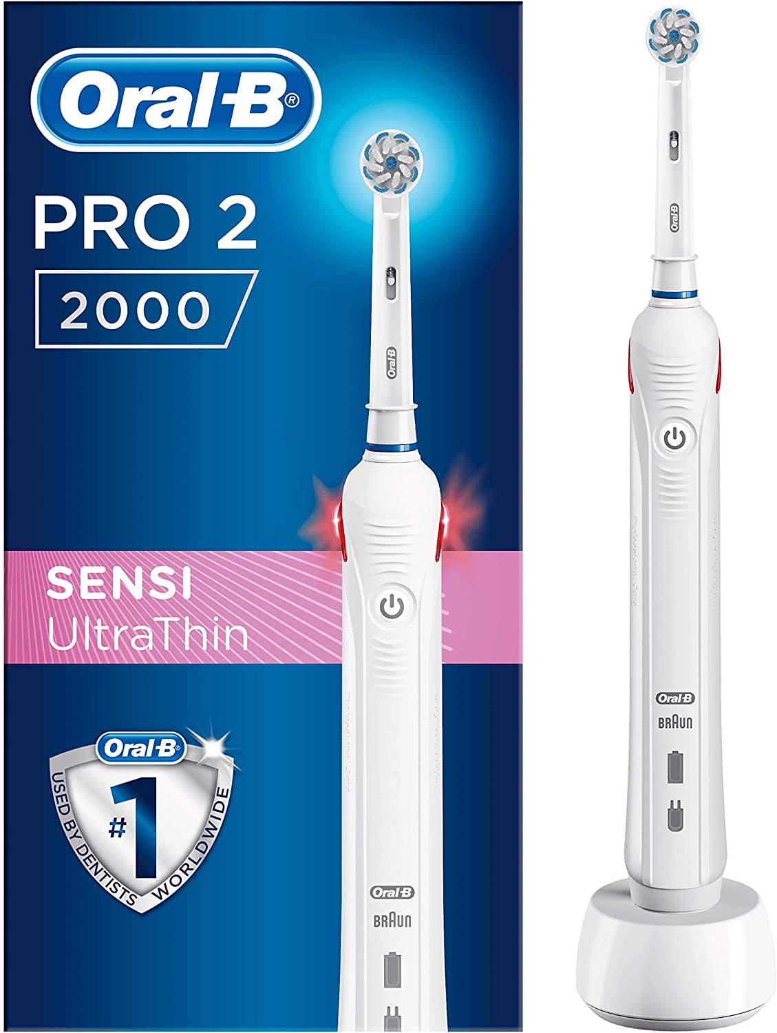 Oral-B Pro 2 2000 Spazzolino Elettrico Ricaricabile, Manico Bianco, 1 Testina Sensi UltraThin