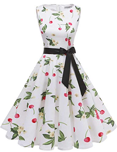 Gardenwed Annata 1950 retrò Rockabilly Polka Vestito da Audery Swing Senza Maniche Abito da Cocktail Partito White Small Cherry L