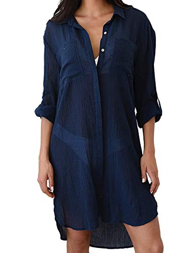 chuangminghangqi Copricostume Mare Donna Copribikini Costume da Bagno Camicia Bluse Lunga Cover Up Spiaggia Camicetta Cardigan Estivo (Taglia Unica, Blu Tibetano)