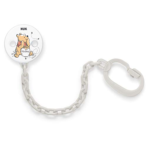 Nuk Disney Winnie the Pooh - Catenella portaciuccio con clip per fissare in modo sicuro il ciuccio ai vestiti del bambino, bianco o grigio (colore non selezionabile)
