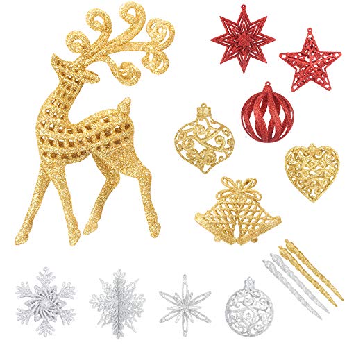 Aitsite Ornamenti Vuoti con Glitter per Natale,Set di 13 Oggetti da Appendere in Plastica 3D Misti per Feste di Matrimonio e Decorazioni per la Casa dell'albero di Natale (5 Oro + 5 Argento + 3 Rosso)