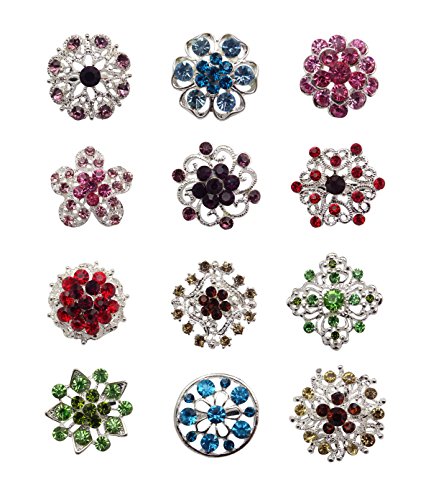 Tooky 12PCS mix set Crystal Button spille sciarpe fibbia Floriated spilla pin strass corpetto bouquet kit lotto all' ingrosso, placcato argento, colore: color, cod. B-002