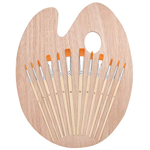 Kurtzy Set Pennelli Pittura con Tavolozza Pittura in Legno (12pz) Pennelli Tempera, Pennelli Acrilico, Pennelli per Acquerelli e Olio - Pennelli Pittura Bambini, Pennelli per Modellismo, Legno e Creta