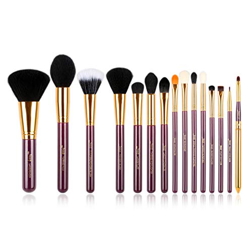 Jessup, set professionale di pennelli da trucco, 15 pezzi di colore viola/oro, per cosmetici, fondotinta, ombretto, eyeliner, sfumature, labbra, accessori da trucco