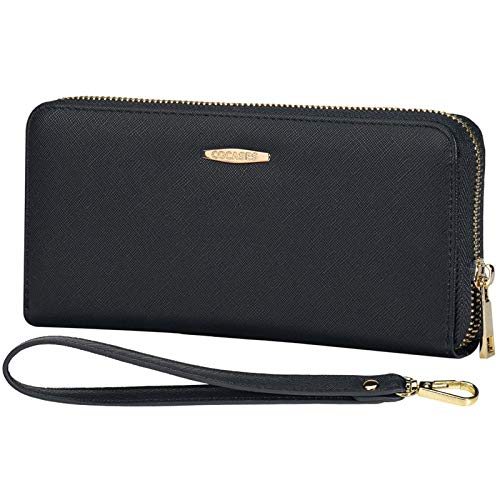 Portafoglio Donna, PU pelle con zip/cerniera XXL di grande capacità, COCASES Clutch Pochette con cinturino per polso (Nero)