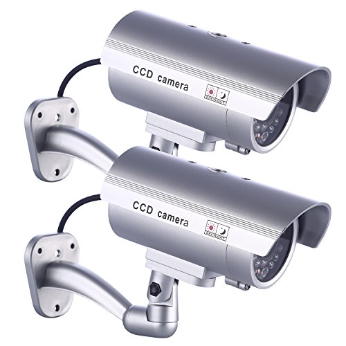 IDAODAN, camera di sicurezza finta CCD, impermeabile, con luce LED rossa lampeggiante, di colore argento, Argento, JY-HM-001P2-1