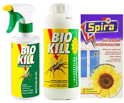 biokill Set insetticida Ecologico- bio Kill antiparassitario No Gas 500 ml - Ricarica bio Kill antiparassitario No Gas 1 lt più spira Girasole antimosche